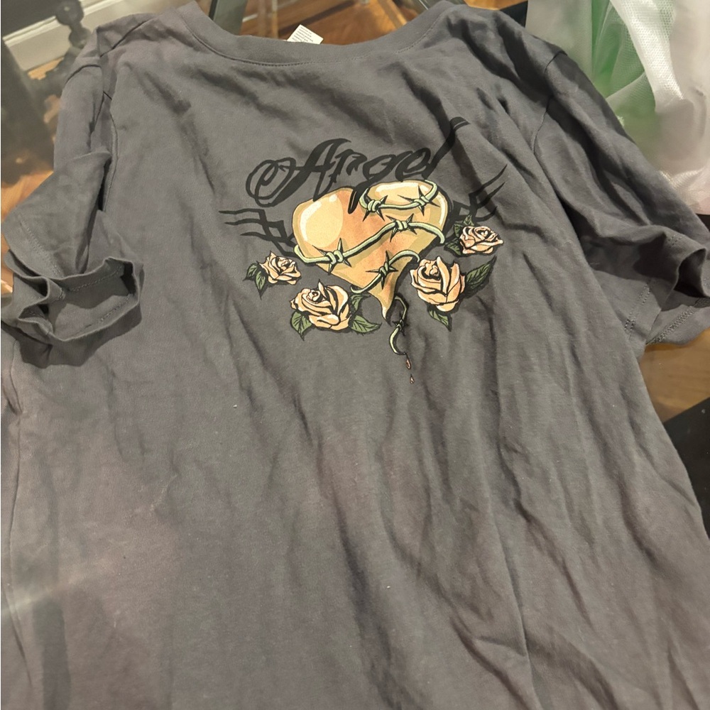 Forever 21 Charcoal Tee with Floral Heart Design